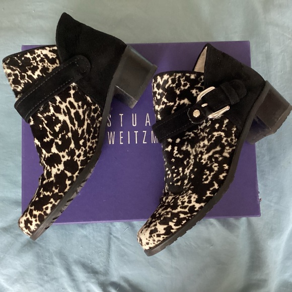 STUART WEITZMAN DUDE ANKLE BOOTIES RARE CHEETAH PRINT CALF HAIR SZ 7.5 - Picture 1 of 13